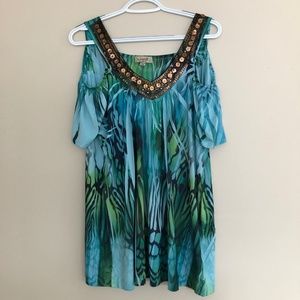 New One World Sequin Off Shoulder Blouse Top Green